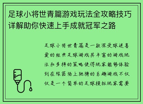 足球小将世青篇游戏玩法全攻略技巧详解助你快速上手成就冠军之路